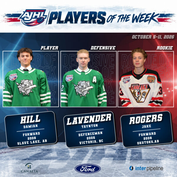 AJHL WEEKLY AWARDS FOR HILL, LAVENDER AND ROGERS